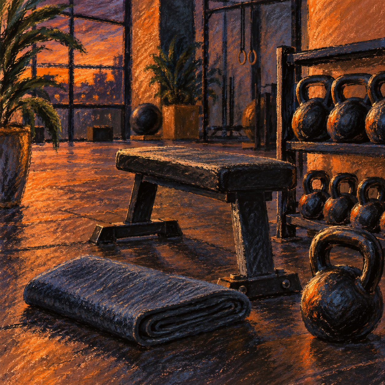 Illustration of independent fitness studio: a folded exercise mat, neatly stored kettlebells, a training bench